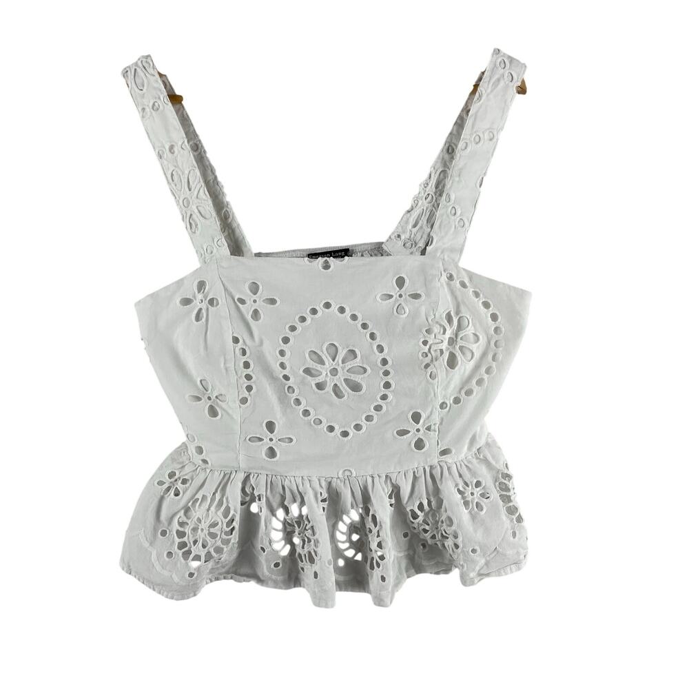 Emerson Lang Womens Eyelet Peplum Crop Top SZ XL White Floral Smocked Back